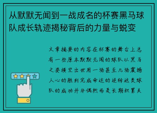 从默默无闻到一战成名的杯赛黑马球队成长轨迹揭秘背后的力量与蜕变