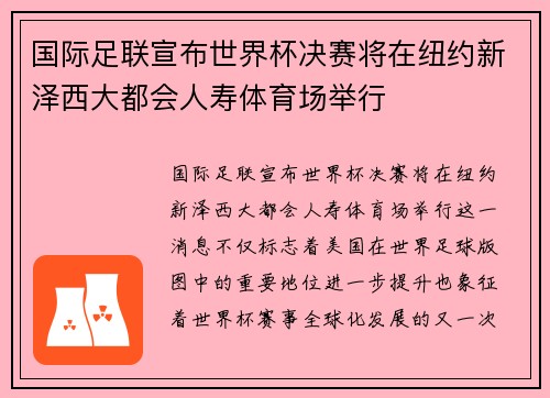 国际足联宣布世界杯决赛将在纽约新泽西大都会人寿体育场举行