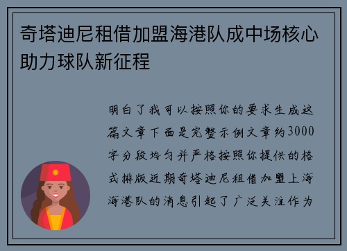 奇塔迪尼租借加盟海港队成中场核心助力球队新征程